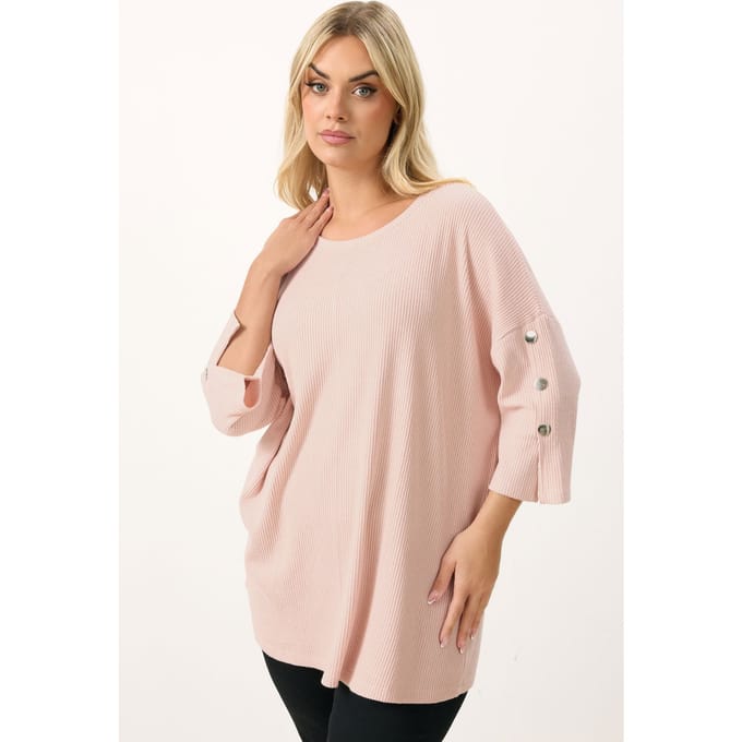 Yours Roze Zachte Geribde Top Met Knoopmouwen Size 48