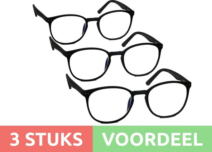 Computer bril - zwart rond sterkte +2.0 - 3 stuks - blauw licht filter - blue blocker leesbril
