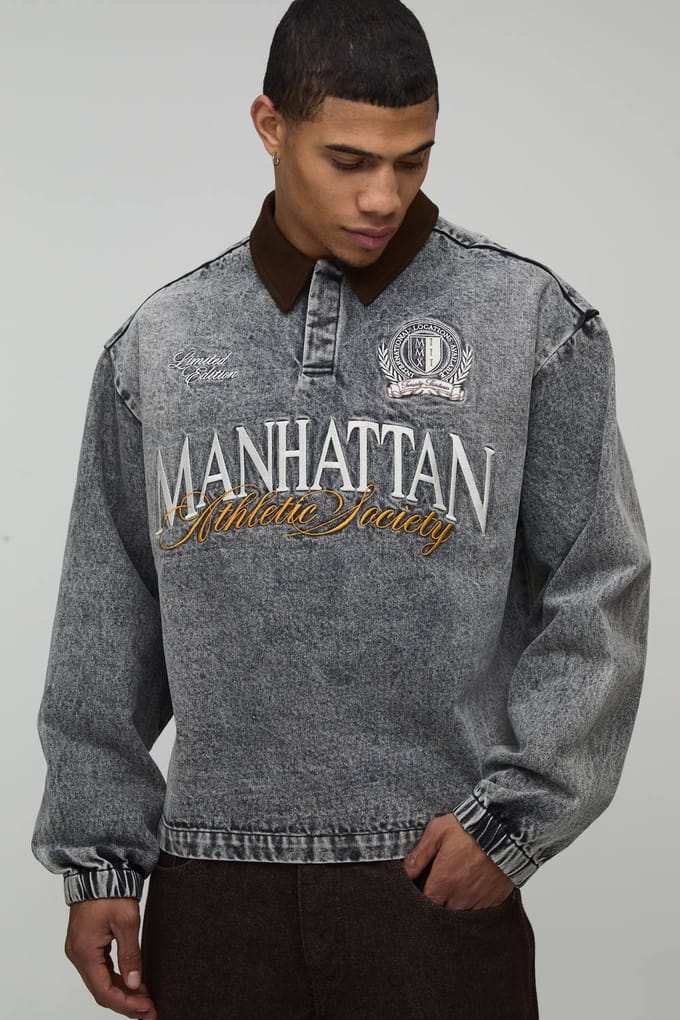Stonewash Embroidered Oversized Varsity Denim Rugby Shirt | Size Medium