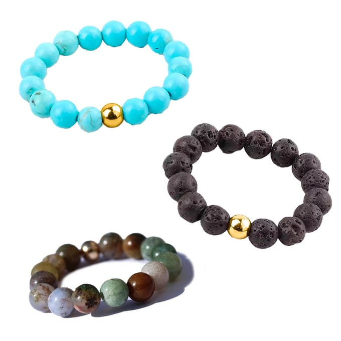 Bixorp Gems Edelstenen Ringen Set Indiaanse Agaat + Turkoois + Lavasteen - Kralenring