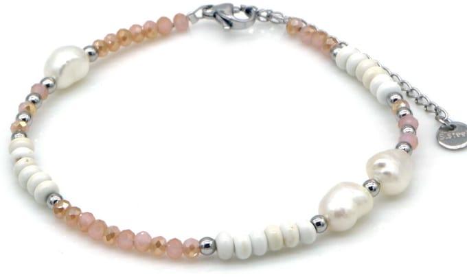 Armband - RVS - glaskralen en parels - zilverkleurig - 16-21 cm - dames