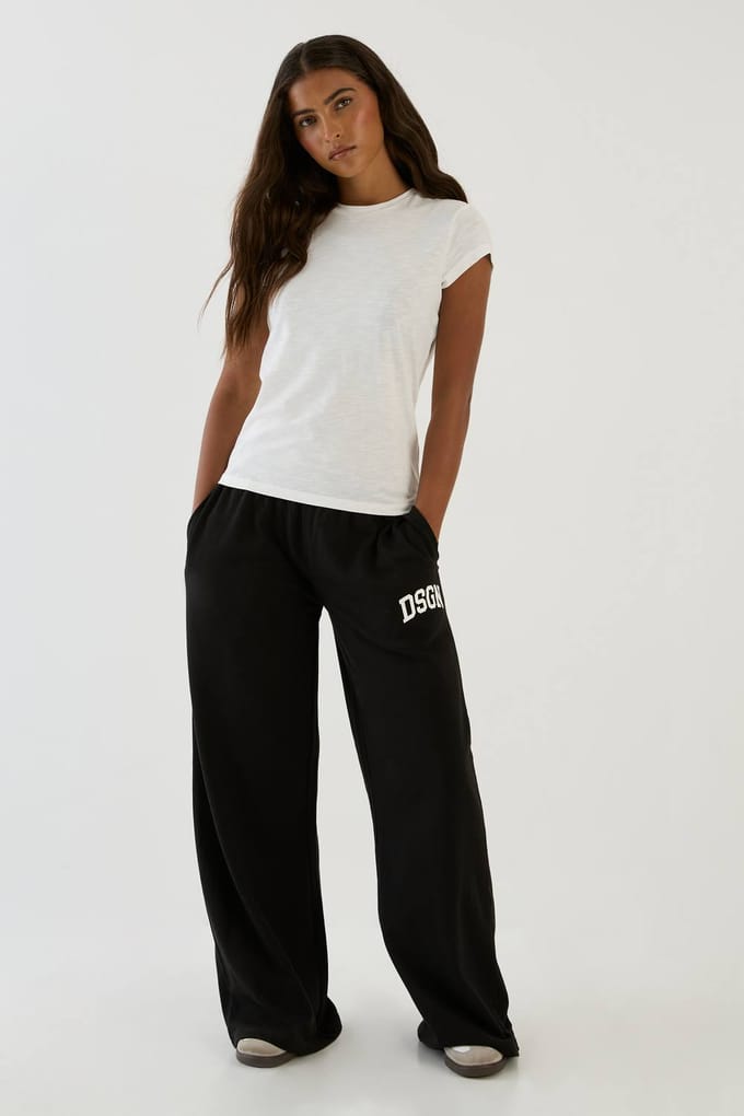 Dames Dsgn Studio Collegiate Lage Taille Loopback Wijde Pijp Joggingbroek | Black | Maat: XL
