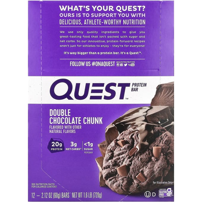 Quest Nutrition, Barre protéinée, Double pépites de chocolat, 12 barres, 2,12 oz (60 g) chaque
