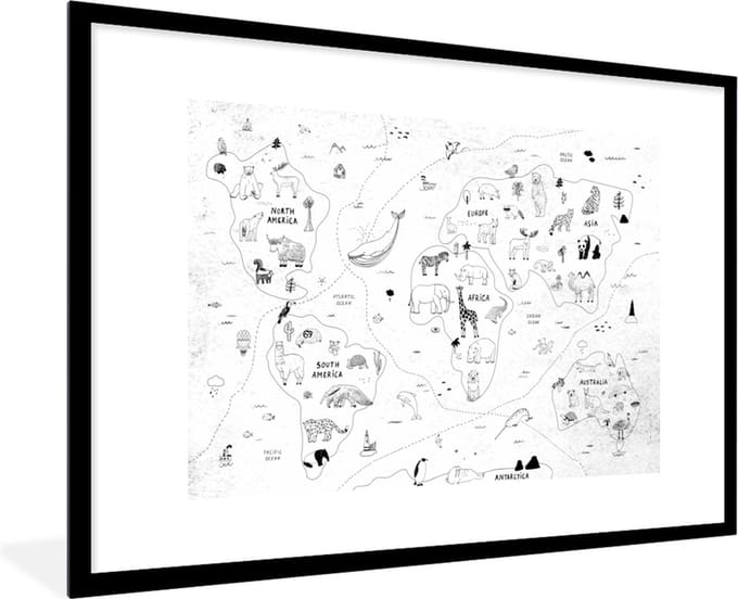 Wereldkaart - Kinderen - Wit - Zwart - Schoolplaat - Kinderkamer - 90x60 cm