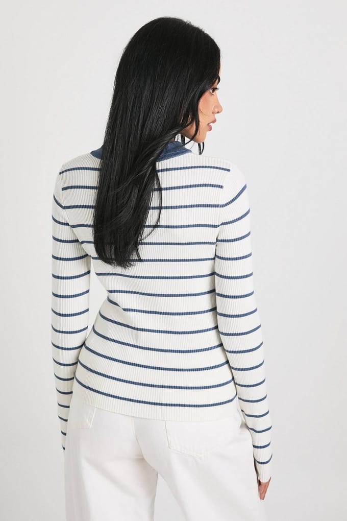 boohoo Dames Fijngebreide Top met Gestreepte Kraag | Blue | Maat: Medium