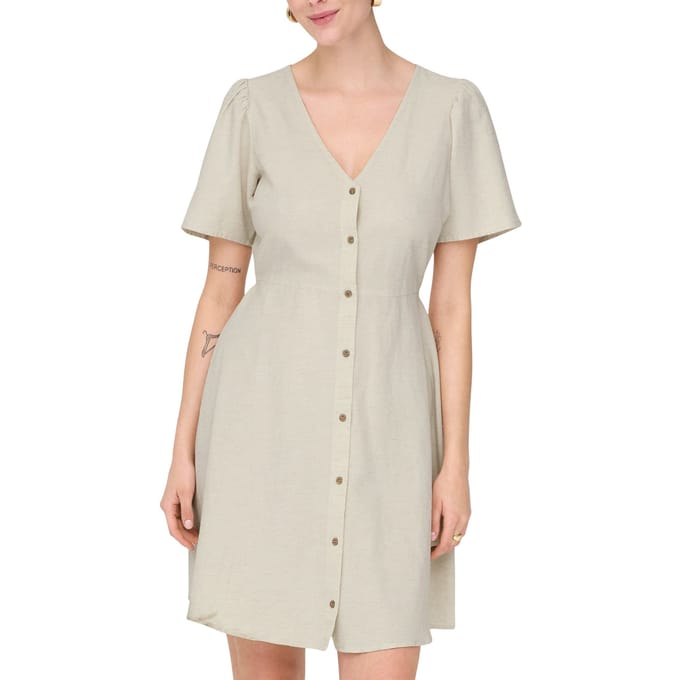 Only beige dames jurk   V-hals   Regular fit   Structuur patroon   Knoopsluiting   Duurzaam   Korte mouw Beige M