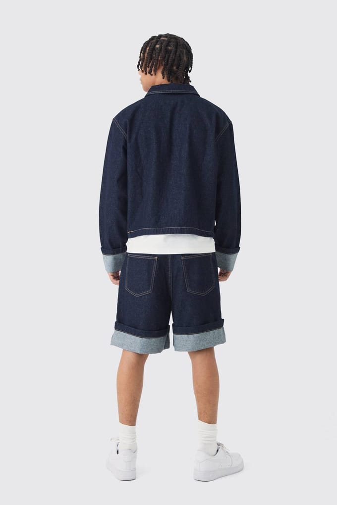 Boxy Fit Turn Up Denim Jacket In Indigo | Size Medium