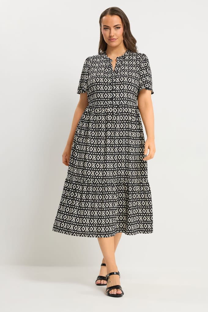 Yours Zwarte Jurk Met Ikatprint En Halve Knoopsluiting Size 48