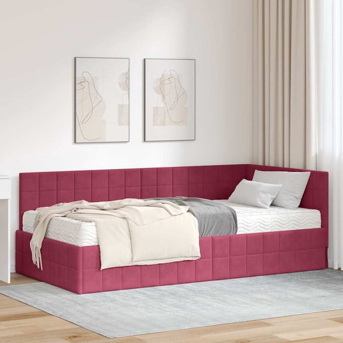 vidaXL - Hoekbedframe - met - Matras - 2 - st - Wijnrood - 90 - x - 200 - cm - Fluweel