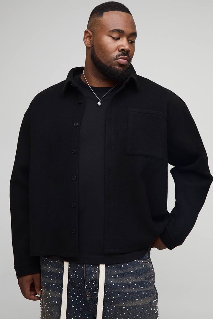 Plus Oversized Pearl Embellished Wool Look Overshirt | Black | Size 2XL