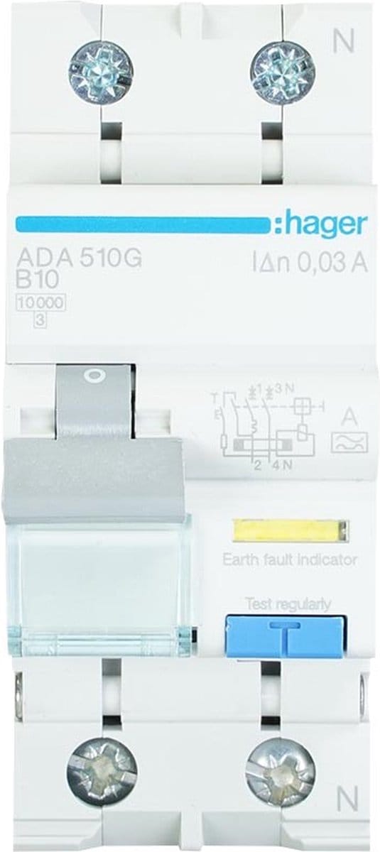 Hager aardlekautomaat 1-polig+nul 10A C-kar 30mA (ADA510G)