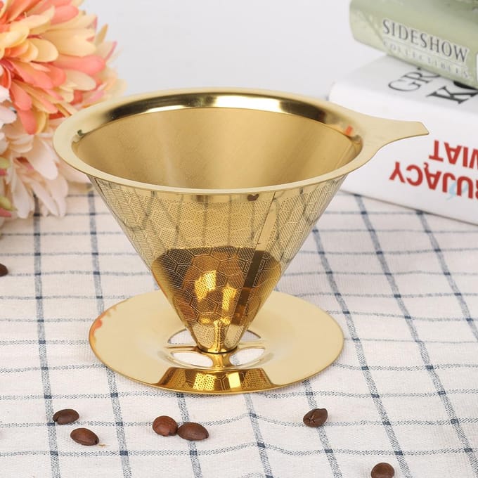 Filtre à café réutilisable en acier inoxydable alvéolé doré pour infusion lente beige
