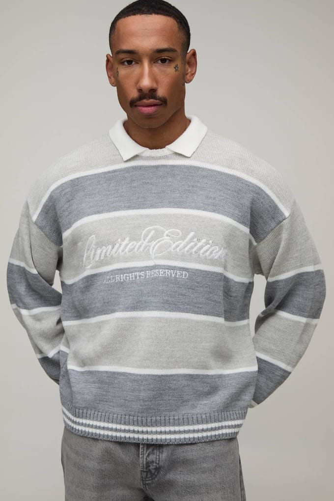 Relaxed Varsity Striped Embroidered Knitted Polo T-Shirt Jumper | Grey | Size Medium