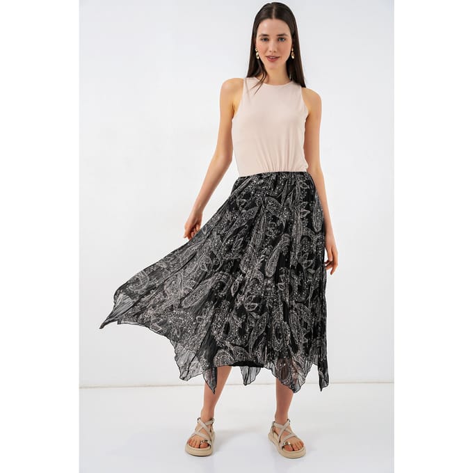 Hoge Taille A-Lijn Midi Rok in Paisleyprint