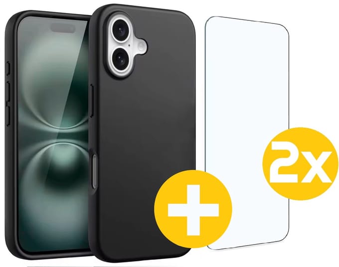 Hoesje en Screenprotector Combi Geschikt Voor iPhone 16 Plus - Zwarte Siliconen Hoesje + 2x Screenprotector