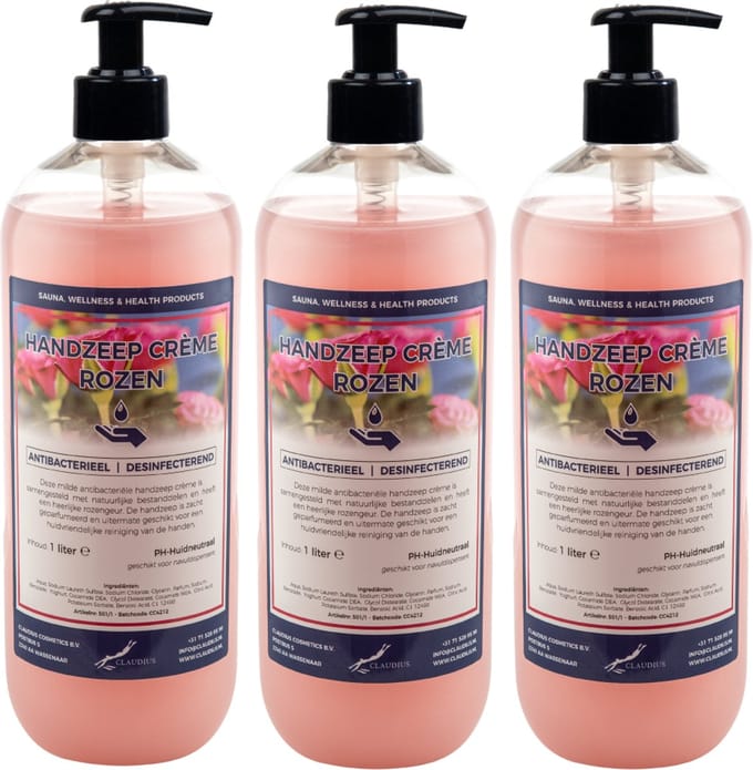 Handzeep Creme Rozen 1 liter - met gratis pomp - set van 3 stuks