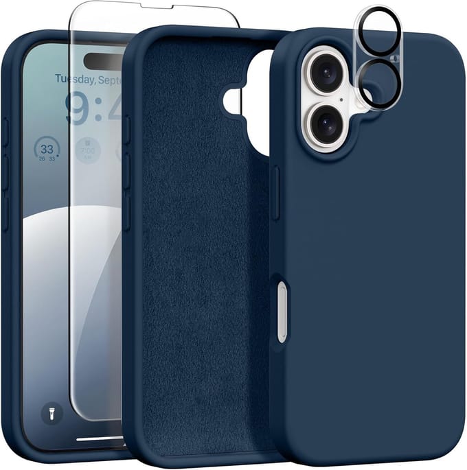 Solid hoesje Soft Touch Liquid Silicone Flexible TPU Rubber + Screenprotector - Camera Lens - Geschikt voor: iPhone 16 Plus - Navy Blauw