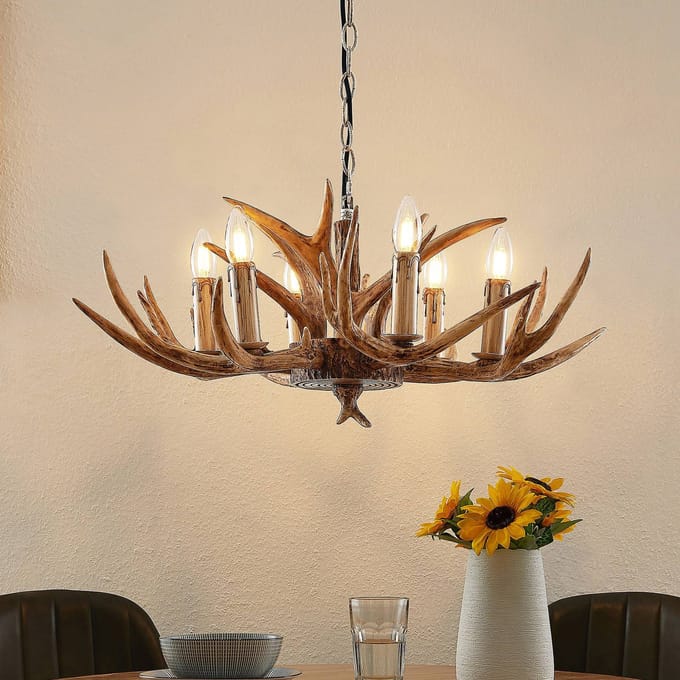 Lindby - hanglamp - 6lichts - Polyester, staal - H: 30 cm - E14 - bruin