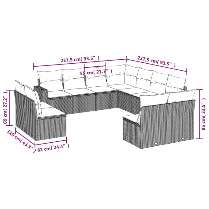 vidaXL - 11-delige - Tuinset - met - kussens - poly - rattan - beige