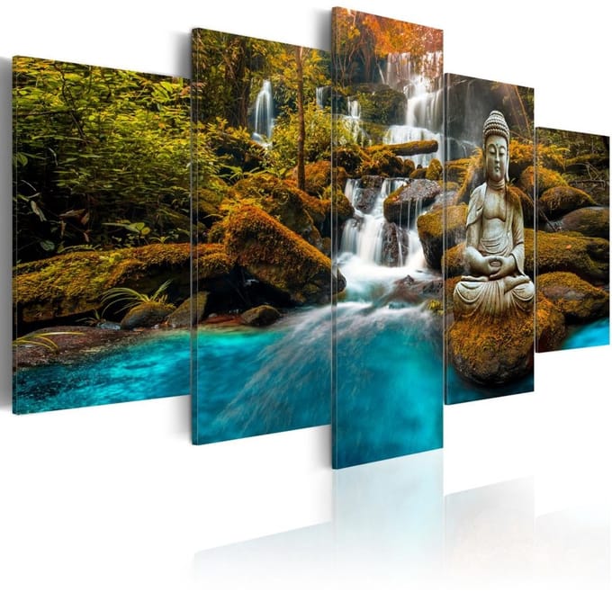 Schilderij - Enclave van Stilte , Boeddha voor waterval in bos , 5 luik