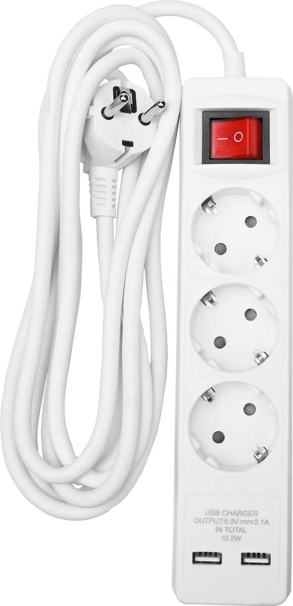 Benson Slimme tafelcontactdoos - 3-voudig - met randaarde en USB - 3 meter - wit
