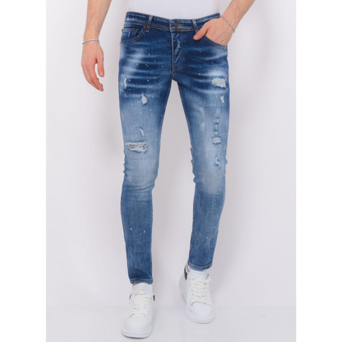 Paint Splatter Stonewashed Jeans Mens - Slim Fit -1079- Blauw