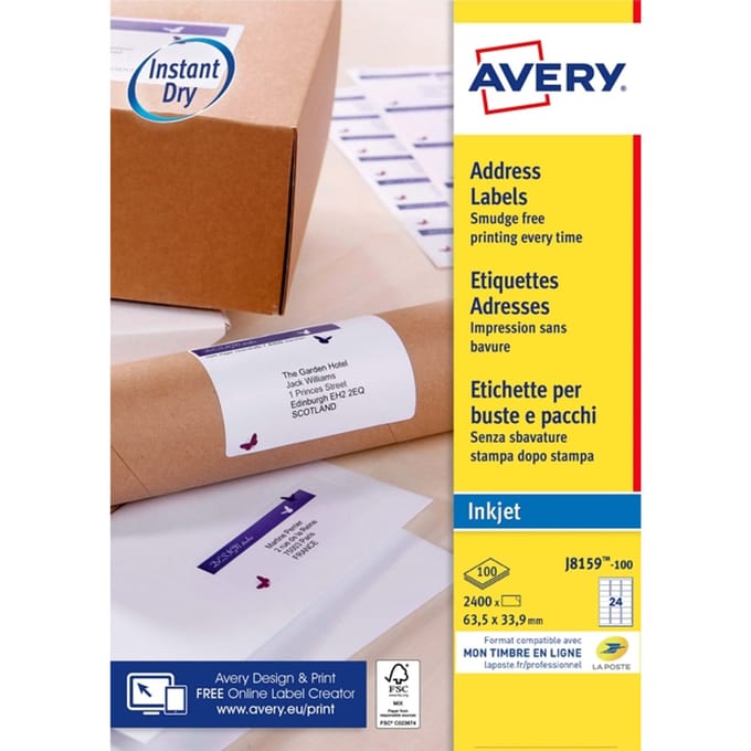 Etiket avery j8159-100 63.5x33.9mm wit 2400 Etiketten