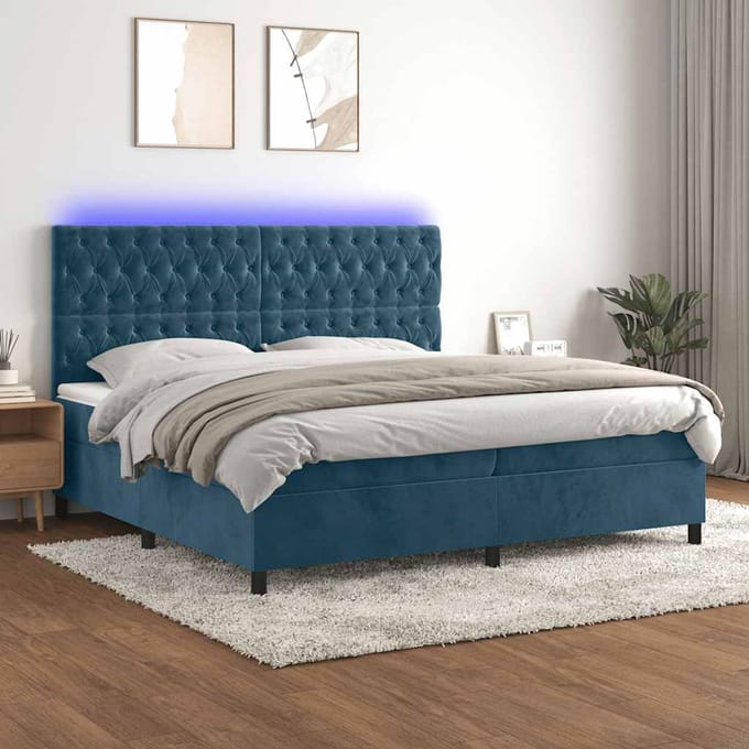 vidaXL - Boxspring - met - matras - en - LED - fluweel - donkerblauw - 200x200 - cm