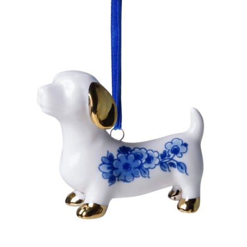 Heinen delfts blauw kerstornament - teckel, 5,5 cm