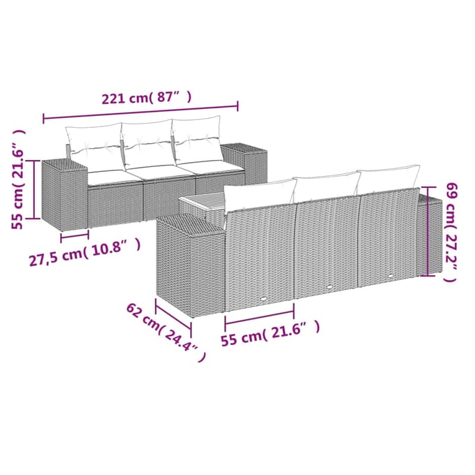 vidaXL - 7-delige - Loungeset - met - kussens - poly - rattan - grijs