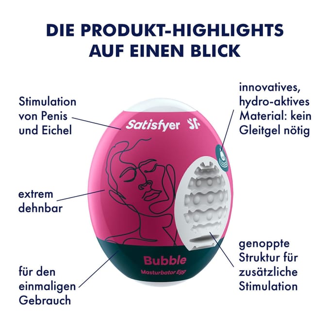 Satisfyer Masturbator Egg, verschillende structuren, hydro-actief TPE, geen glijmiddel nodig, voor eenmalig gebruik