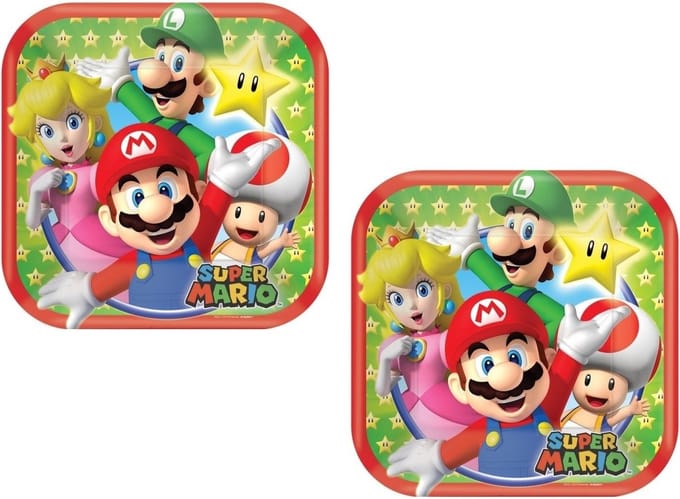 Amscan – Super Mario – Bordjes – 16 Stuks - 18x18 Cm - karton - Kinderfeest.