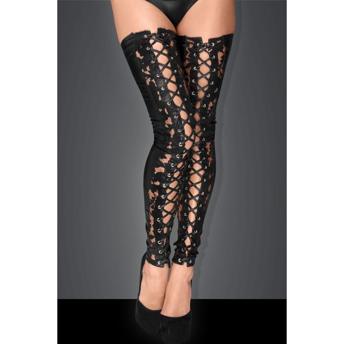 Noir Handmade - Wetlook Kousen met Kant en Vetersluiting
