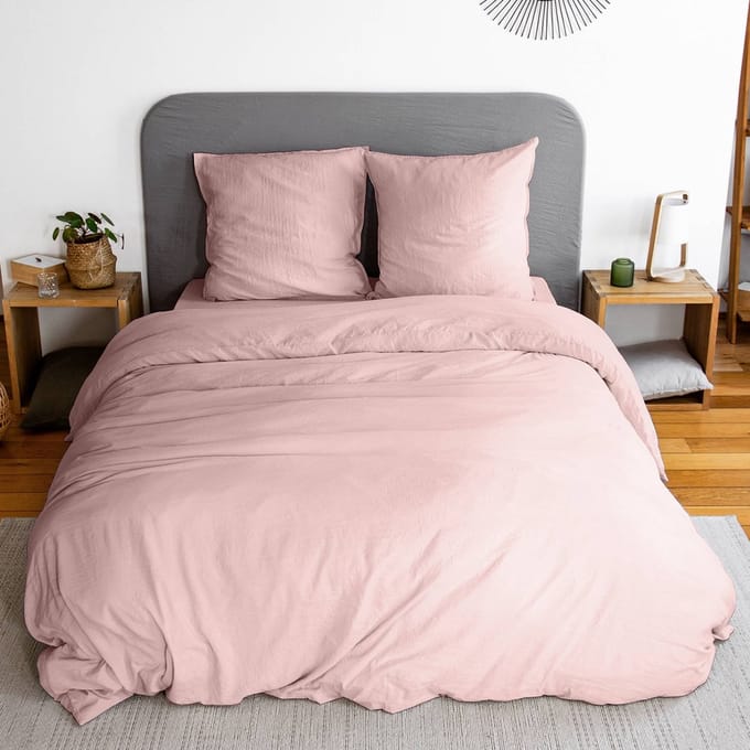 sweeek - Beddengoedset in poederroze microvezel, luna, voor 2-persoons