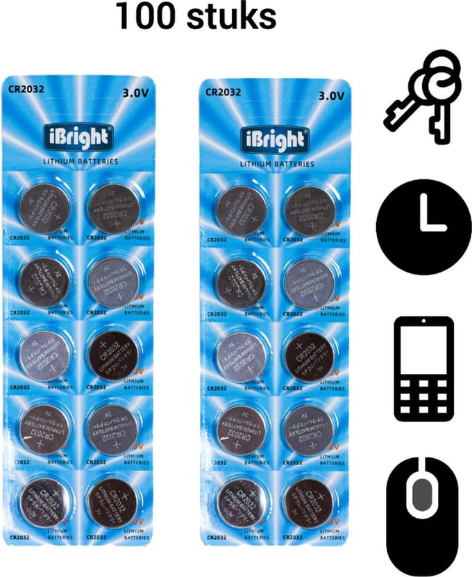 iBright CR2032 Lithium Batterijen - 3V Knoopcel batterij - 100 Stuks - Extra Power