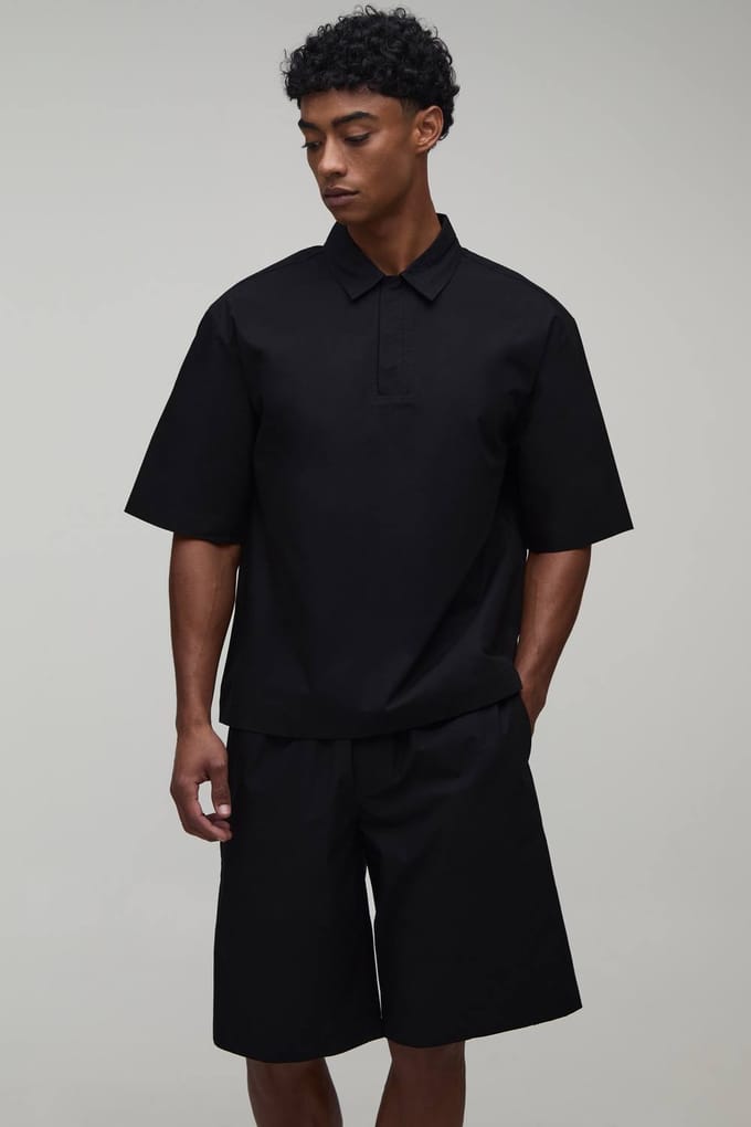 Katoenen Oversized Poloshirt Met Verborgen Knoopsluiting & Wijde Short Set | Black | Size Medium
