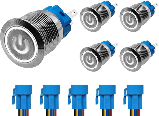 ProRide Drukschakelaar ON-OFF 12V/24V - 19mm Metaal - Waterdicht - LED Wit - Met Kabels - 5 stuks