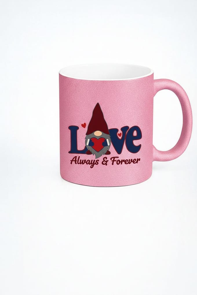 Glitter Roze Liefdes Mok met 'Love Always & Forever' Kabouter Design - Romantisch Cadeau