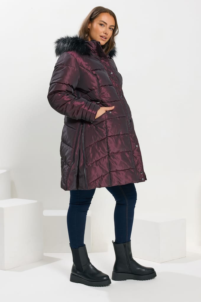 Bump It Up Maternity Paarse Panelled Puffer Midi Jas Size 48
