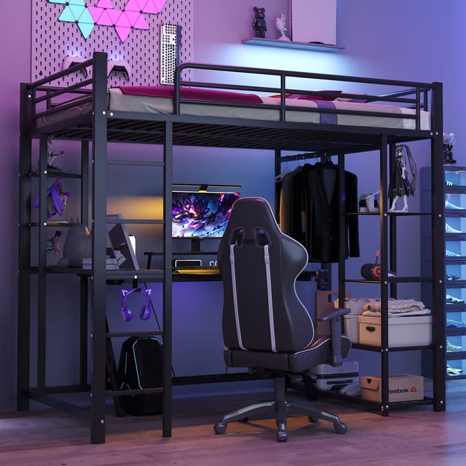 Stapelbed - 90 x 200 cm - Metaal Bedframe - Bureau en Opbergruimte - Zwart