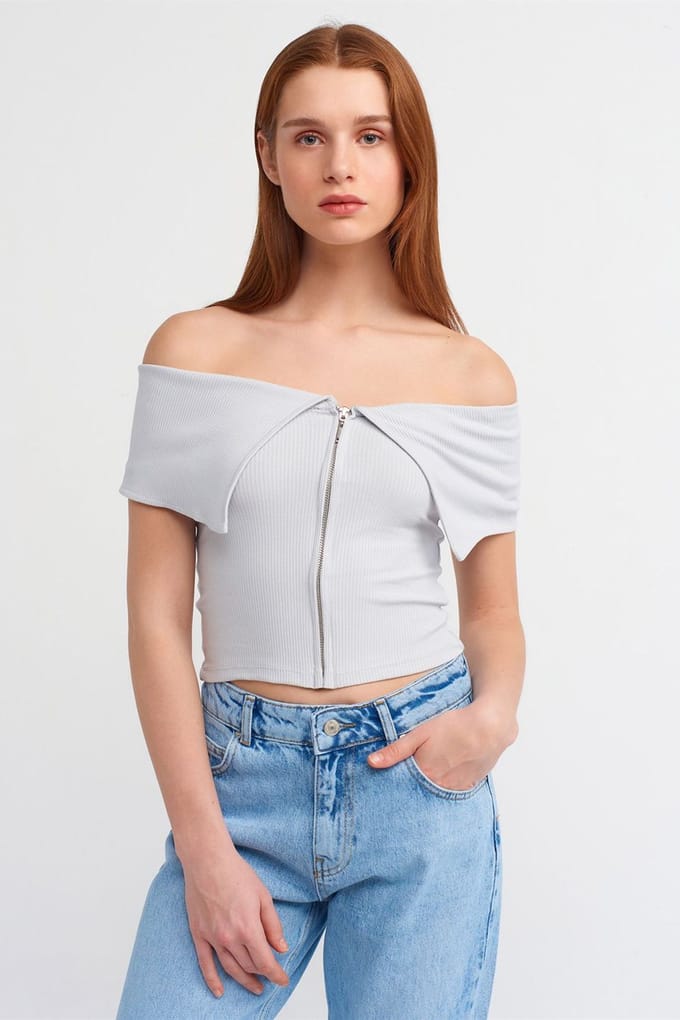 Vrouwen Off-shoulder Crop T-shirt Met Rits