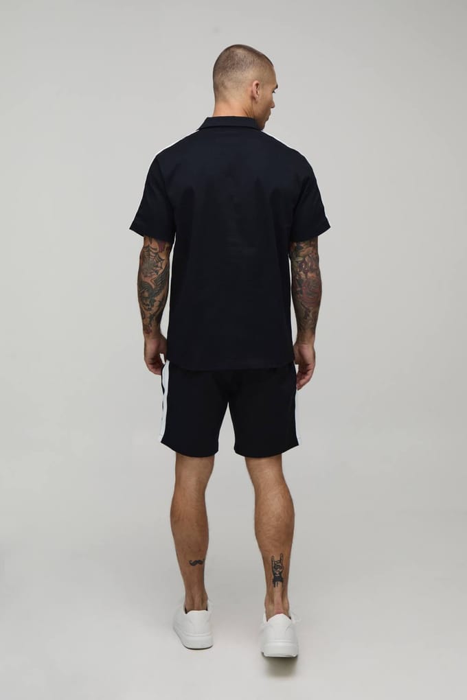 Twill Contrastband Regular Overhemd & Relaxed Shorts Set | Navy | Size XS