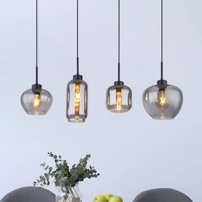 Globo - hanglamp - Matt - zwart - glas smoke glas - grote eettafellamp - E27 - 15549-4SH