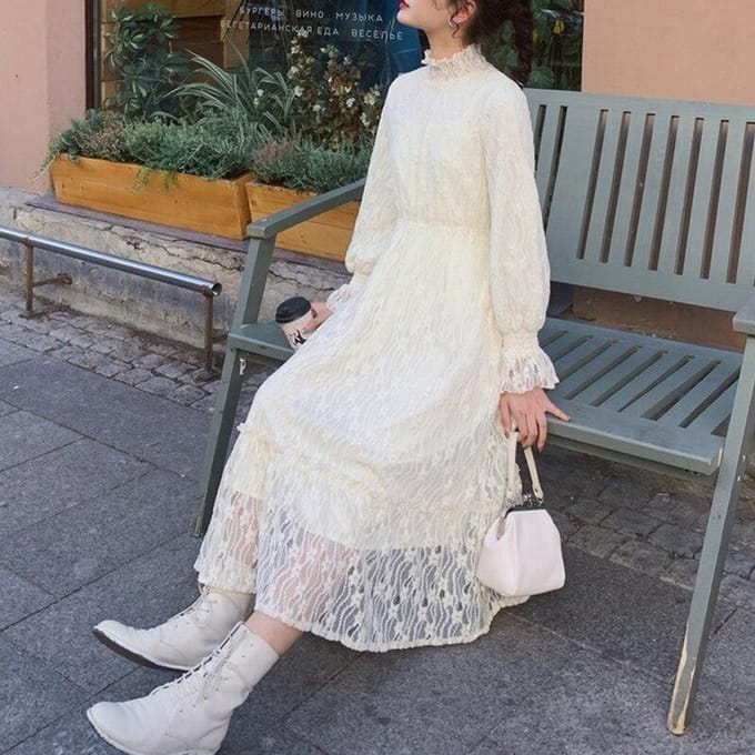 Herfst Winter Elegante Jurk Vintage Kant Mesh Lange Maxi Jurk Casual Dames Feestjurk L white