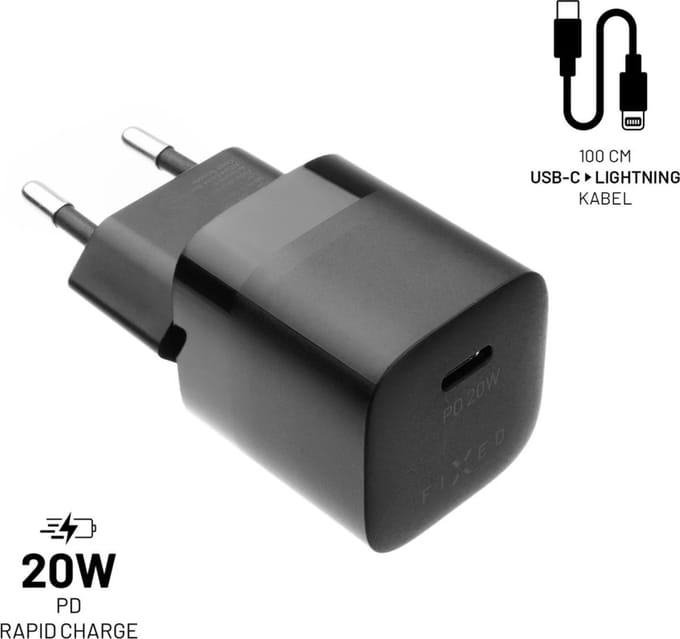 FIXED USB-C Snellader 20W met USB-C naar Lightning Kabel – Zwart – Power Delivery 3.0 – Voor iPhone & iPad