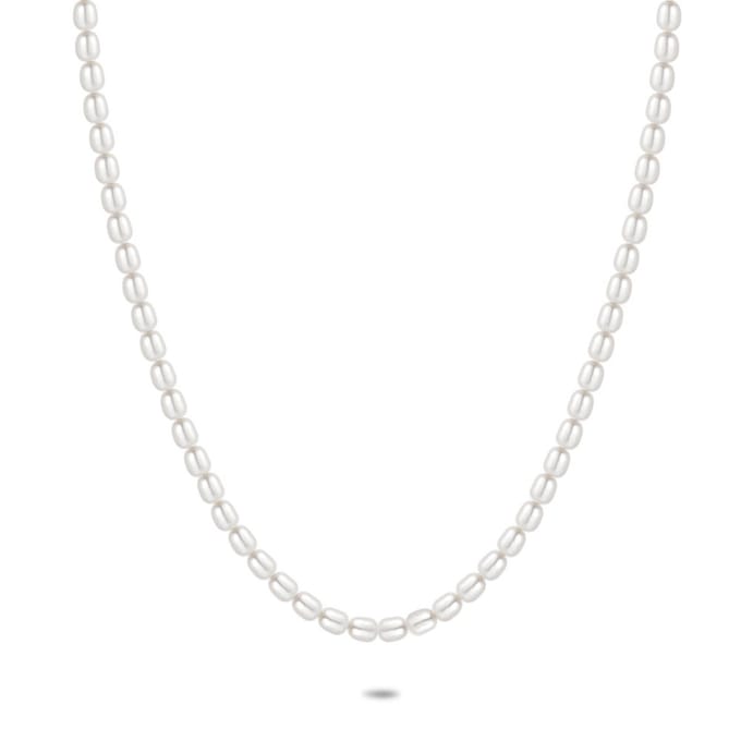 Twice As Nice Halsketting in zilver, ovale parels 50cm+5cm