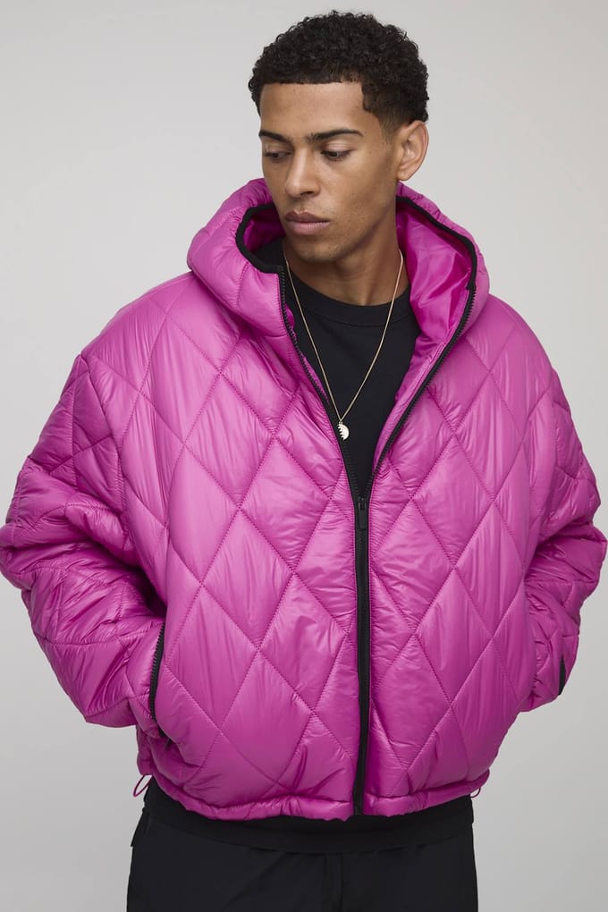 Oversized Boxy High Sheen Diamond Quilted Hooded Funnel Puffer Jacket | Pink | Size Medium