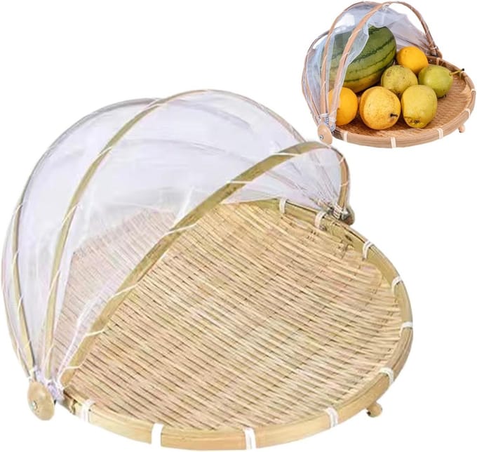 Ronde bamboe fruitmand met stofdichte gaasafdekking en deksel