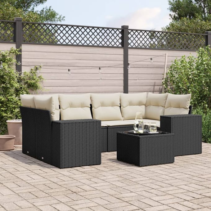 vidaXL - 7-delige - Loungeset - met - kussens - poly - rattan - zwart