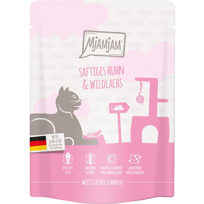 6x 300g MjAMjAM Squeeze Sappige Kip en Wilde Zalm Natte Kattenvoer